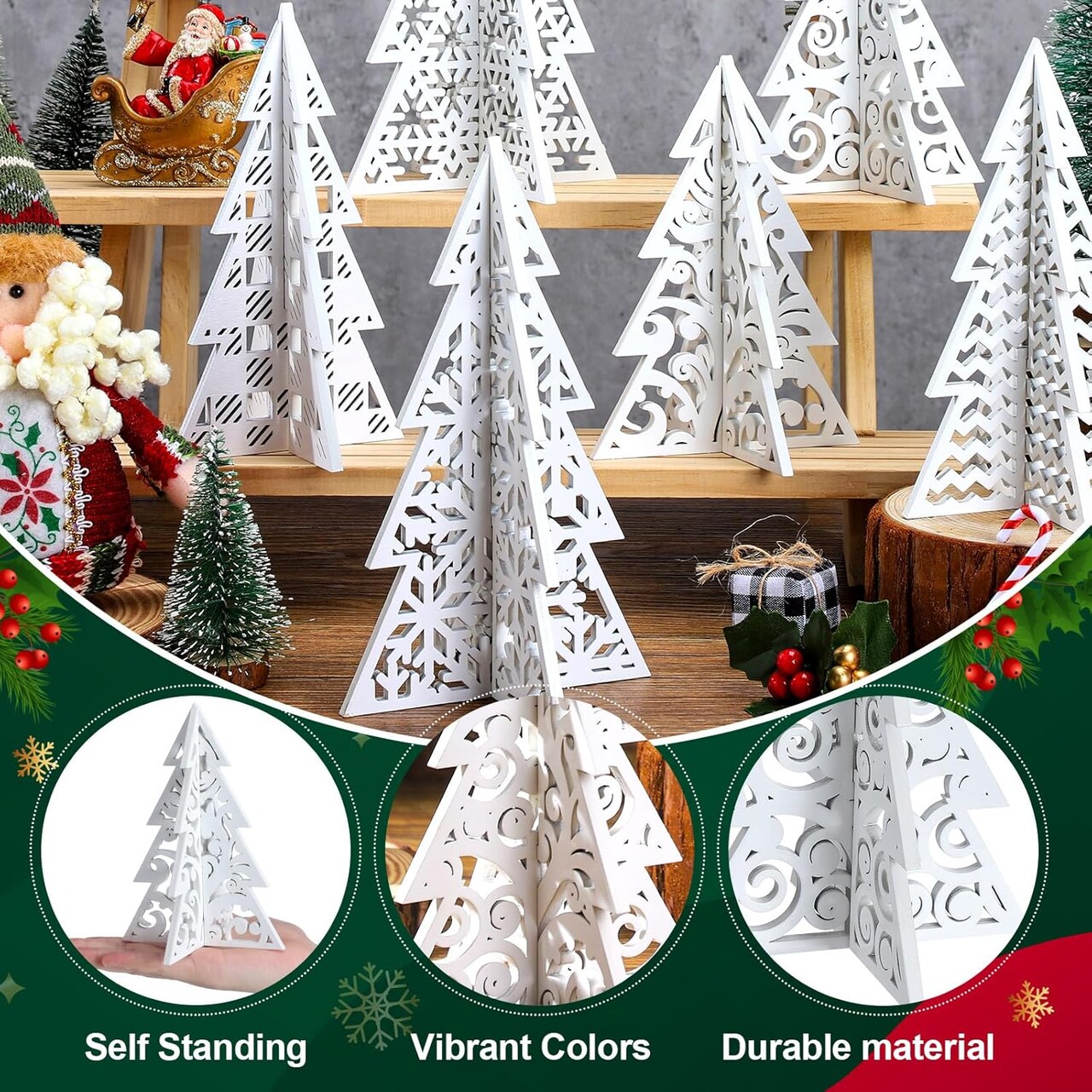 12 Pieces Wooden Christmas Tree Tabletop Decoration Rustic Merry Christmas 3D Sign White Freestanding Engraved Tree Centerpiece for Tiered Tray Holiday Handmade Craft Cutouts Hanging Ornaments